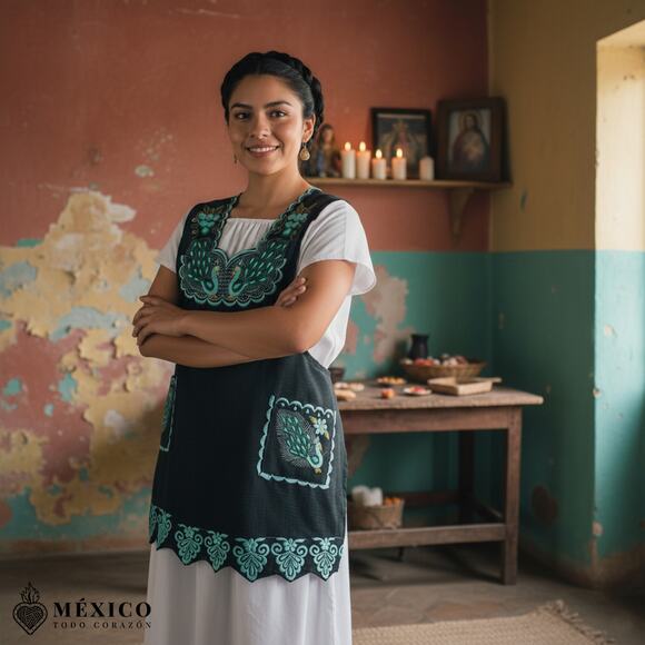 Green Mexican Embroidered Apron – Standard Kitchen Apron Floral Embroidery - Picture 2 of 9